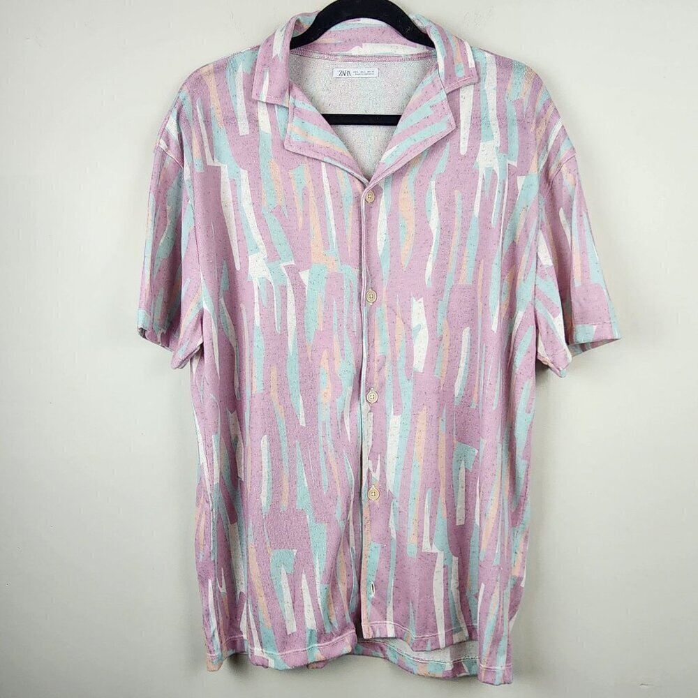 Zara pastel colors short sleeve shirt sz L buttons up linen blend .